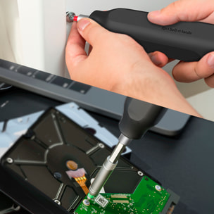 Destornillador multifunción 40 en 1 con carcasa de aluminio y compartimento para 8 puntas favoritas.