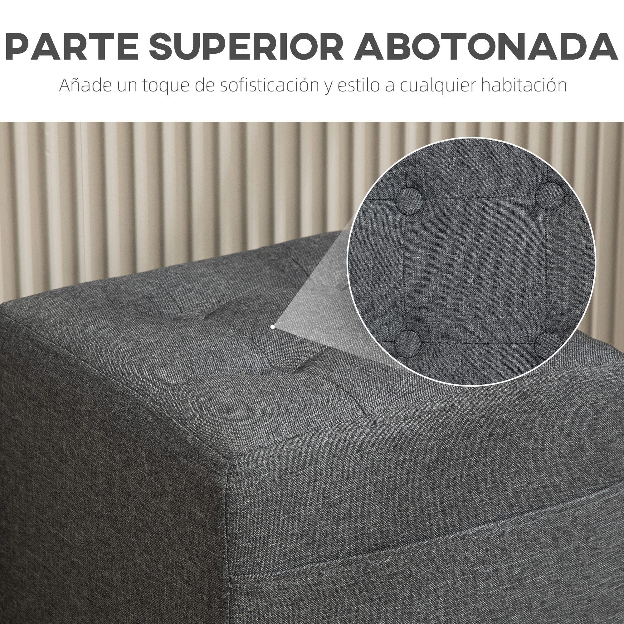 Reposapiés de Salón Taburete Bajo Tapizado en Lino Otomana Cuadrada con Bolsillo Lateral Tapa con Botones Acolchados y Marco de Madera para Sala de Estar Dormitorio Gris
