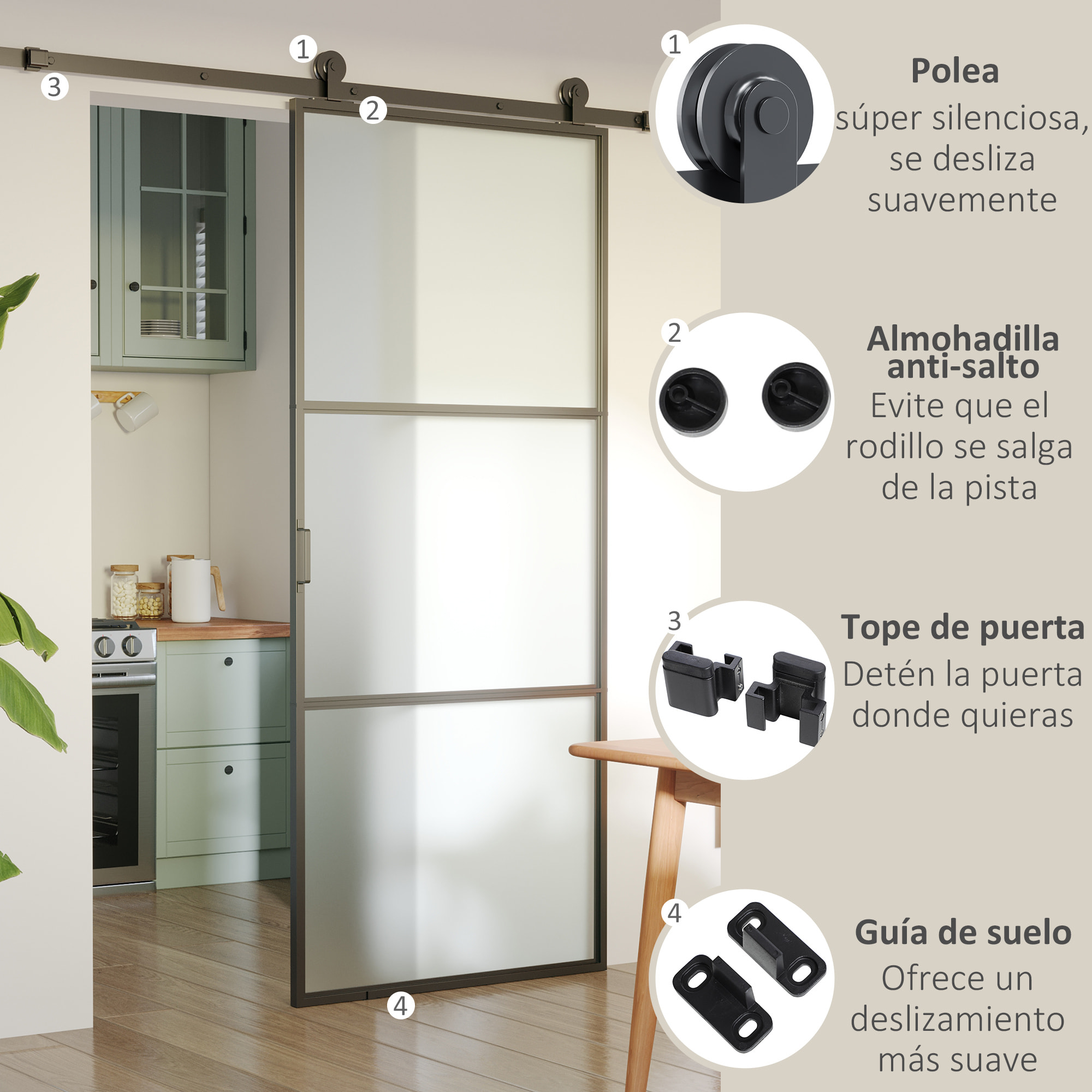 Herraje para Puerta Corredera 200 cm Kit de Accesorios para Puerta Corredera Carga 100 kg con 2 Rieles de Acero al Carbono Guia para Puerta de Granero 200x40x0,6 cm Negro