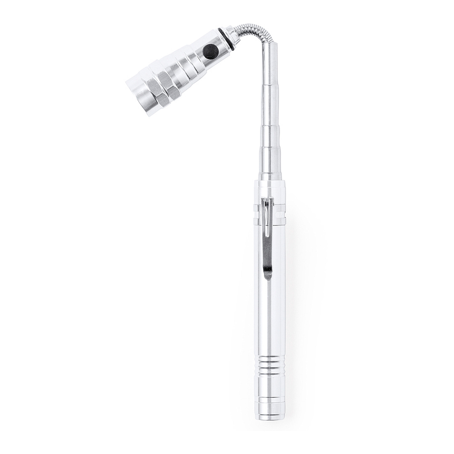 Linterna Lachman de aluminio extensible y flexible con 3 LEDs, imán, pilas de botón incluidas y clip metálico.