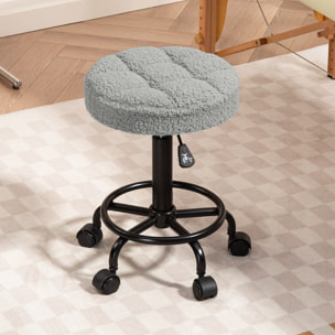 Taburete Giratorio Redondo Taburete con Ruedas Altura Regulable 50-66 cm Asiento Tapizado en Tejido de Borreguito para Salones Talleres Spa Masaje Gris