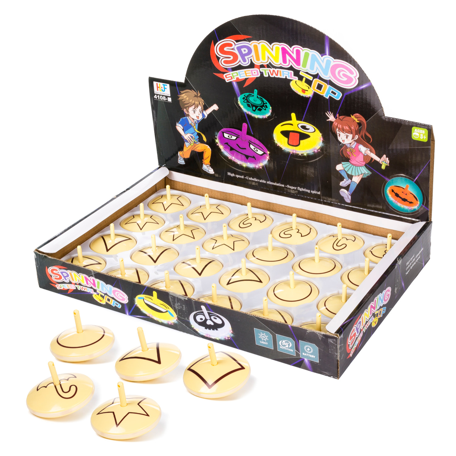 Espositore 24pz. Spinning Speed Twirl Top Squid con luci LED. Design biscotti.