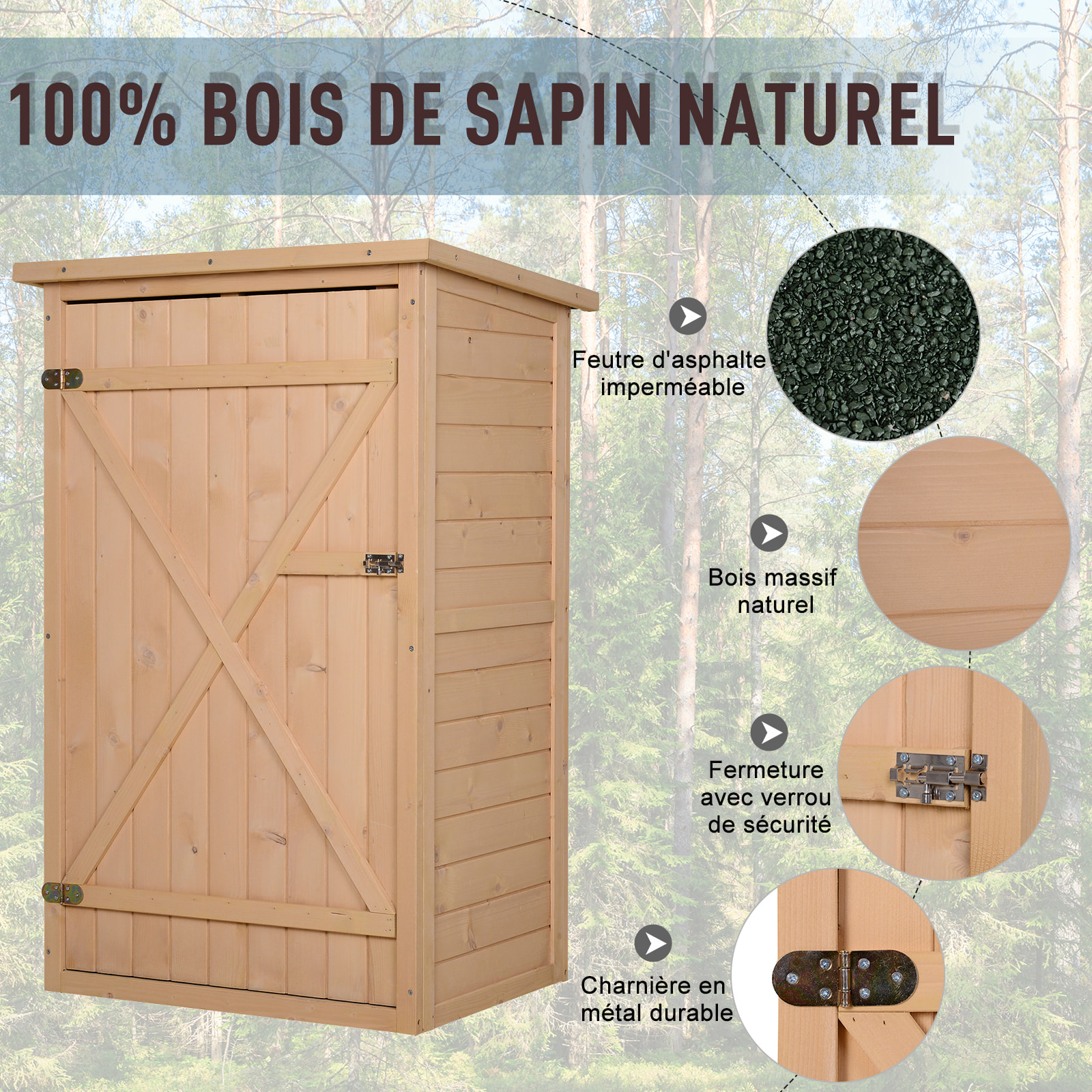 Armoire abri de jardin remise pour outils - grande porte verrouillable loquet - 2 étagères - toit bitumé incliné bois de sapin pré-huilé