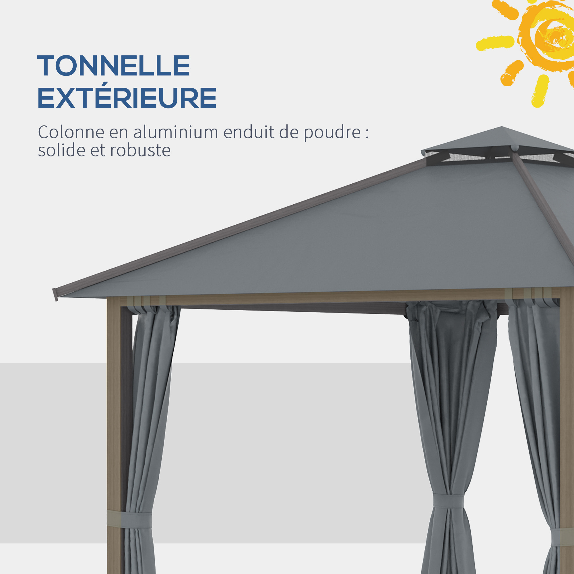 Pavillon de jardin style contemporain - barnum avec rideaux - dim. 2,96L x 2,96l x 2,8H m - alu. polyester gris