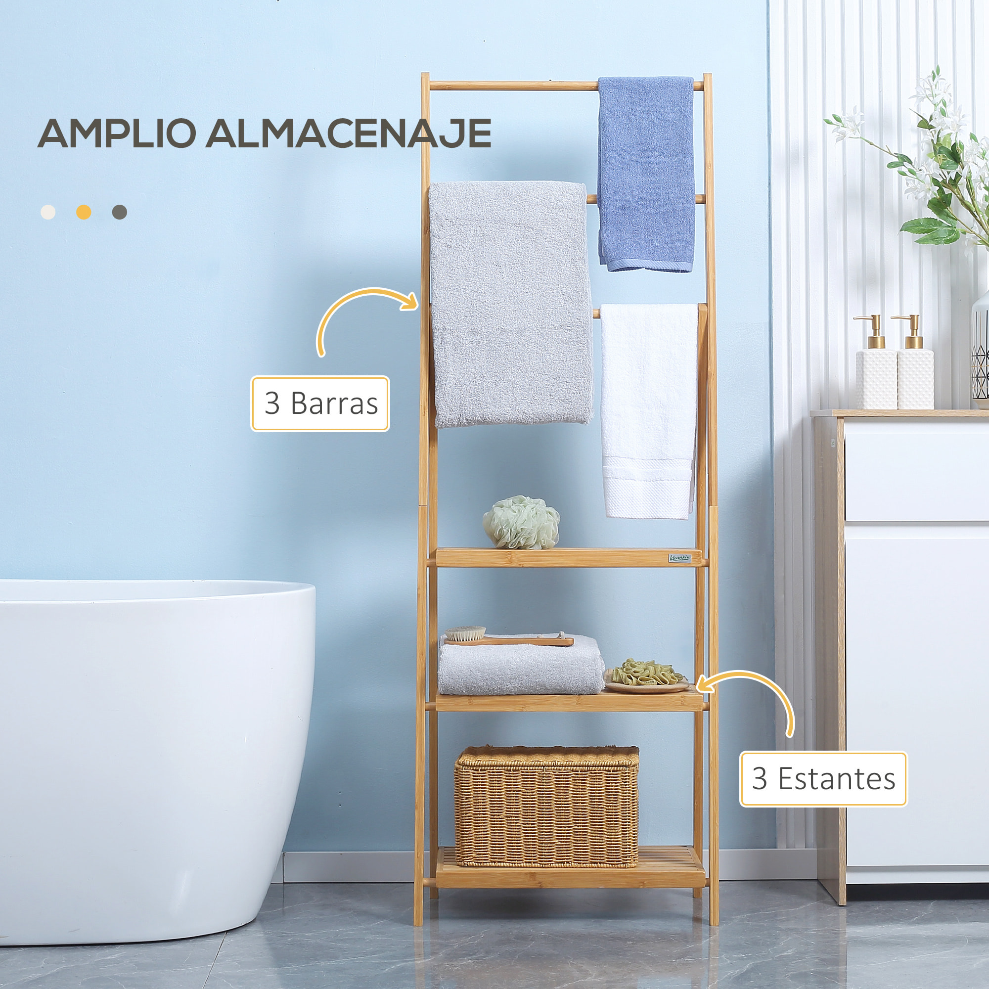 HOMCOM Toallero de Pie de Bambú con 3 Barras Toallero Escalera Plegable con 3 Estantes de Almacenamiento para Baño Lavadero 53x30,5x152 cm Natural