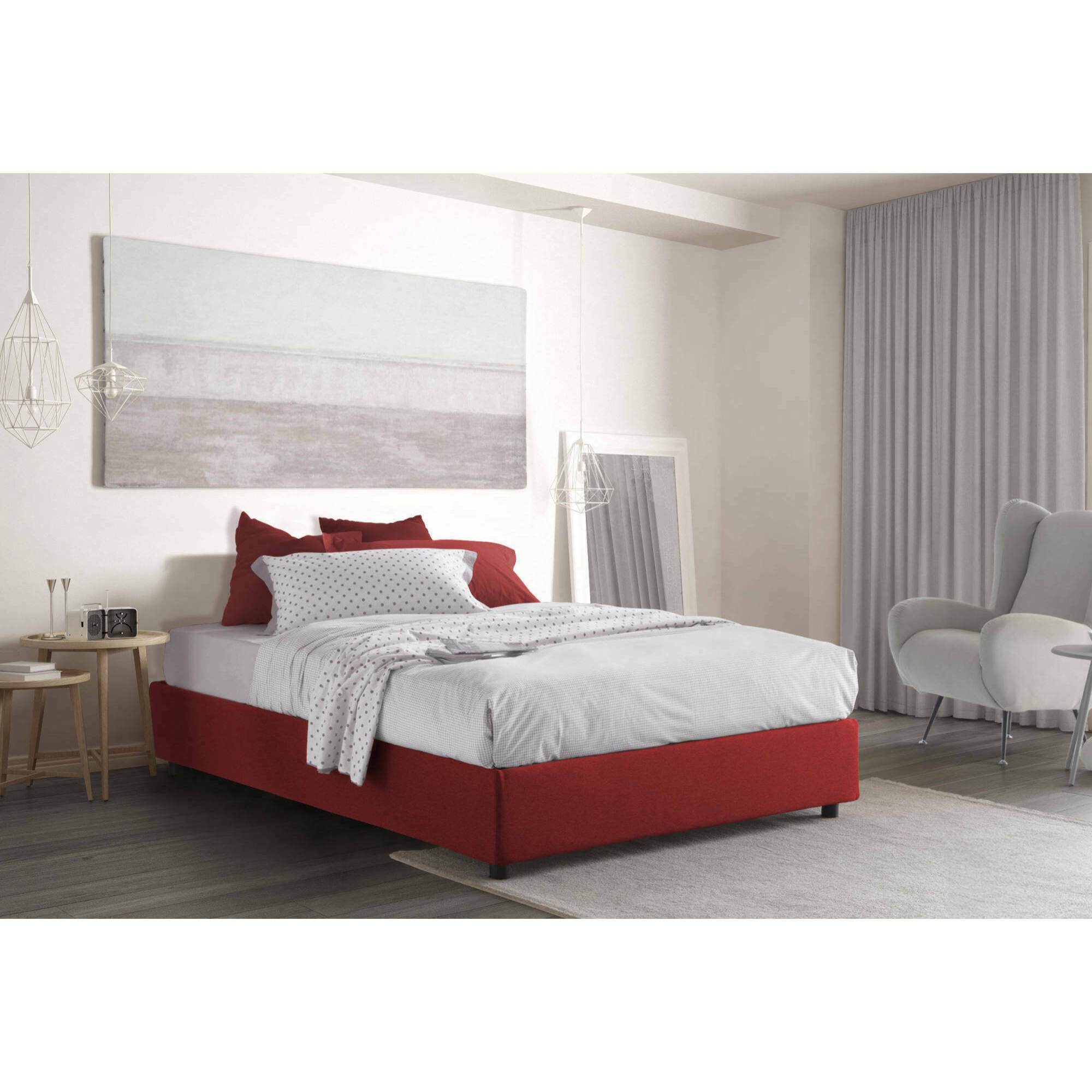 Letto matrimoniale Azzurra, Letto contenitore con rivestimento in tessuto, 100% Made in Italy, Apertura frontale, adatto per materasso Cm 140x190, Rosso