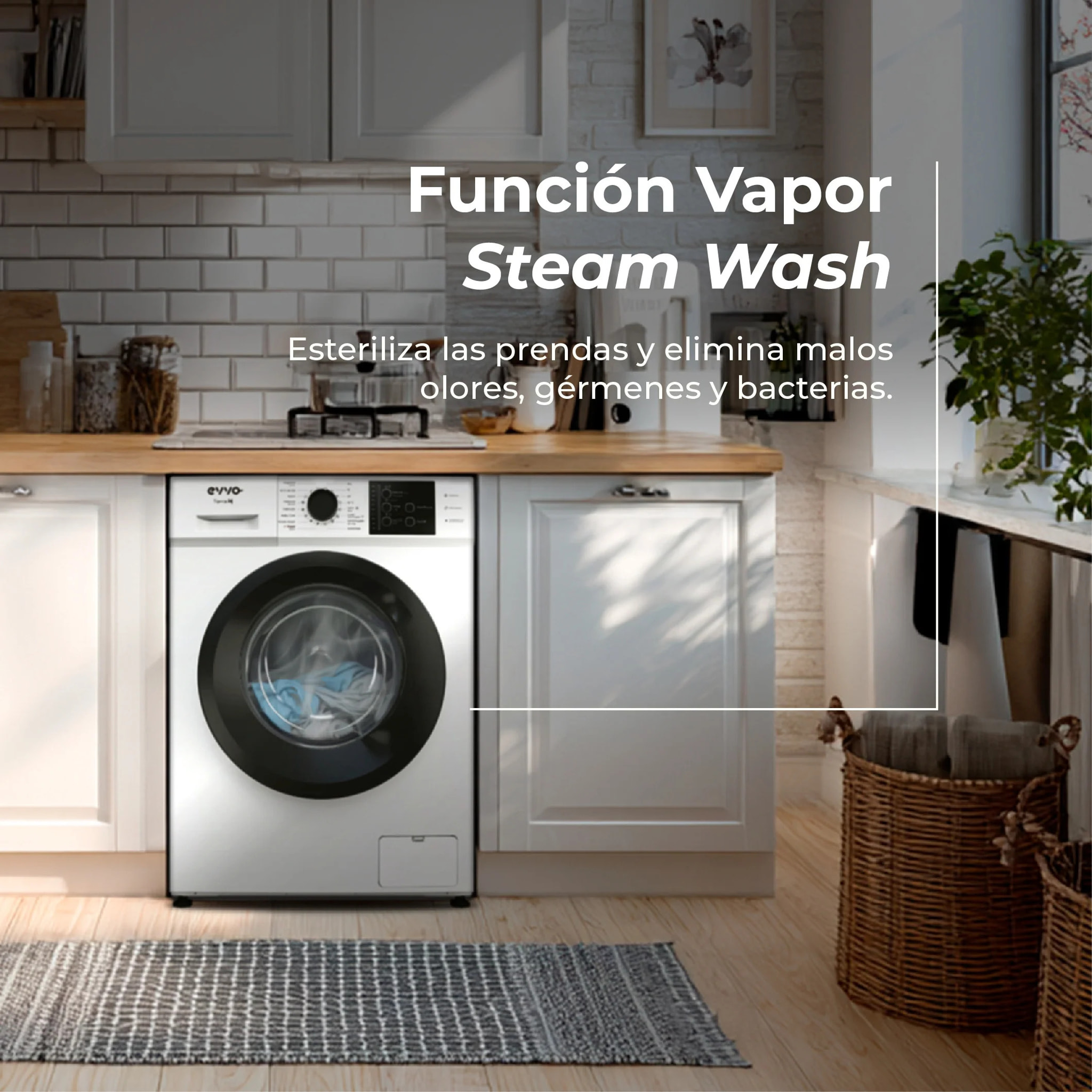 EVVO Lavadora 6 kg Terra K6, 1000 rpm, Clase A, 15 programas, vapor Steam Wash, lavado rápido 15', inicio diferido, blanca