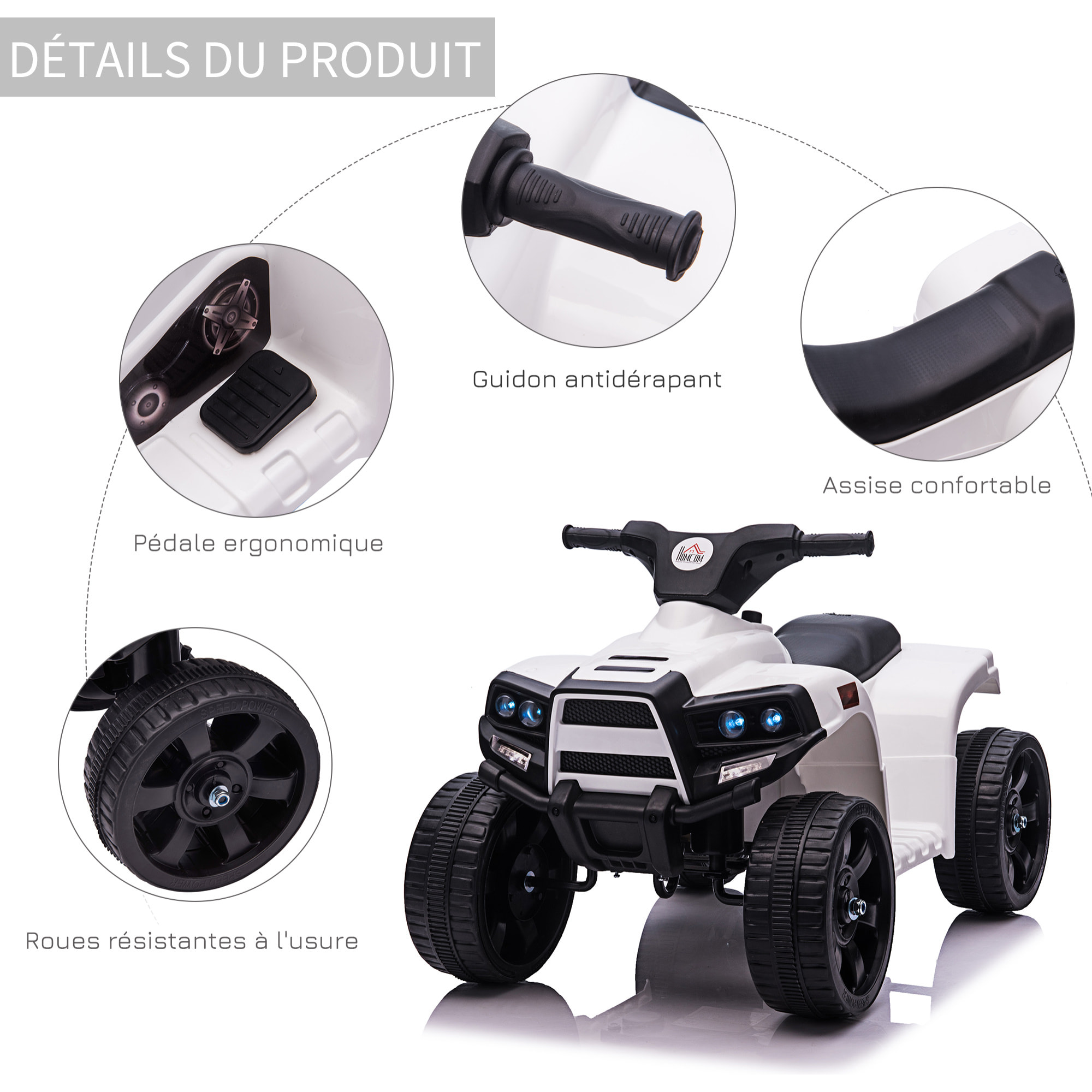 Voiture 4x4 quad buggy électrique enfant 18-36 mois 6 V 3 Km/h max. effet lumineux sonores métal PP blanc noir