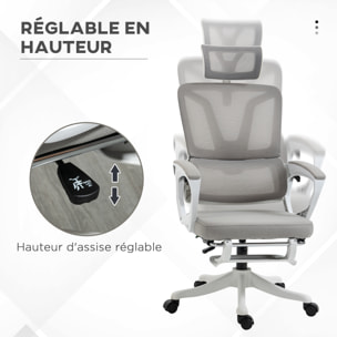 Fauteuil de bureau ergonomique inclinable réglable - repose-pied rétractable, support lombaires, tétière ajustable - blanc gris