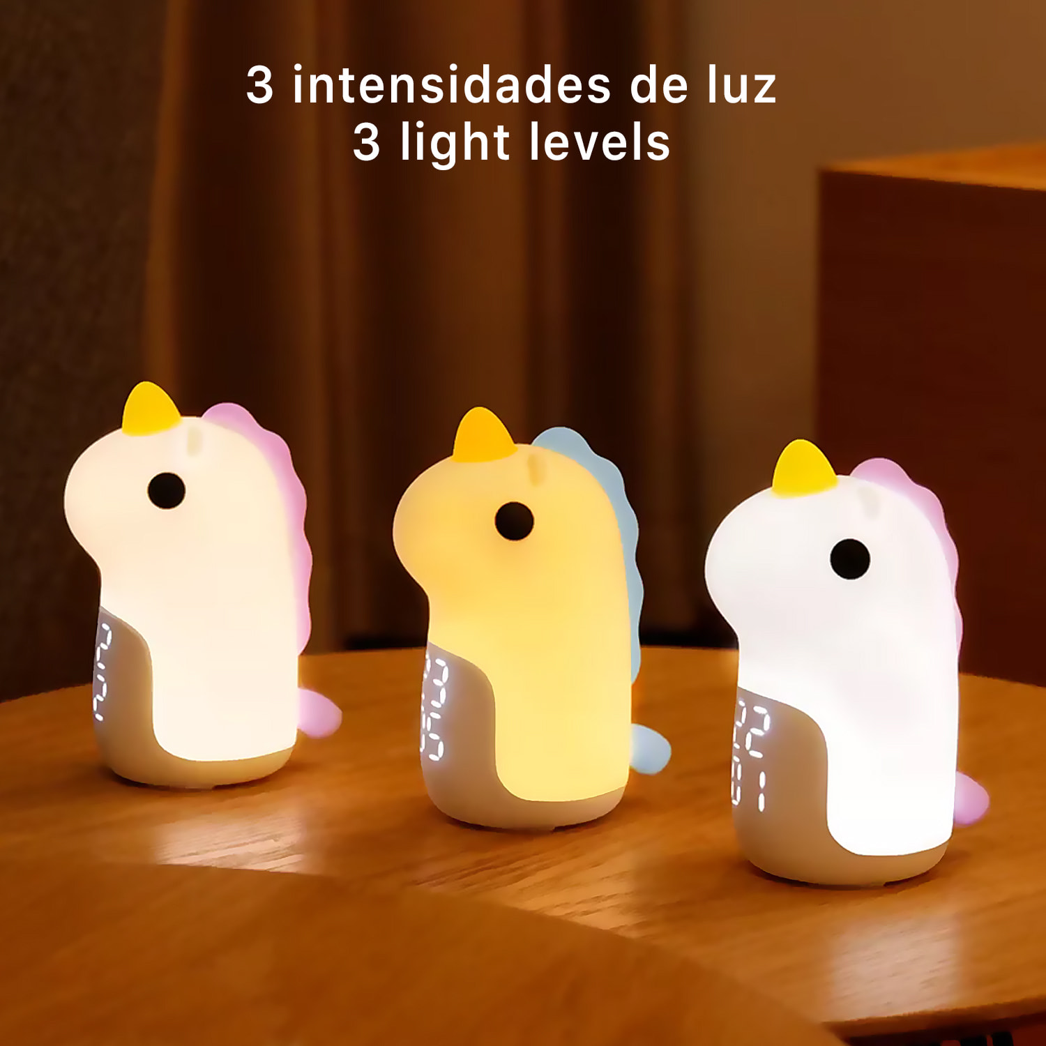 Reloj despertador con luz nocturna infantil, intensidad regulable. Diseño Unicornio azul.