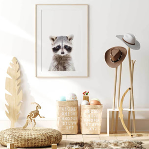 Affiche enfant bébé raton laveur  Affiche + cadre en bois - Chêne