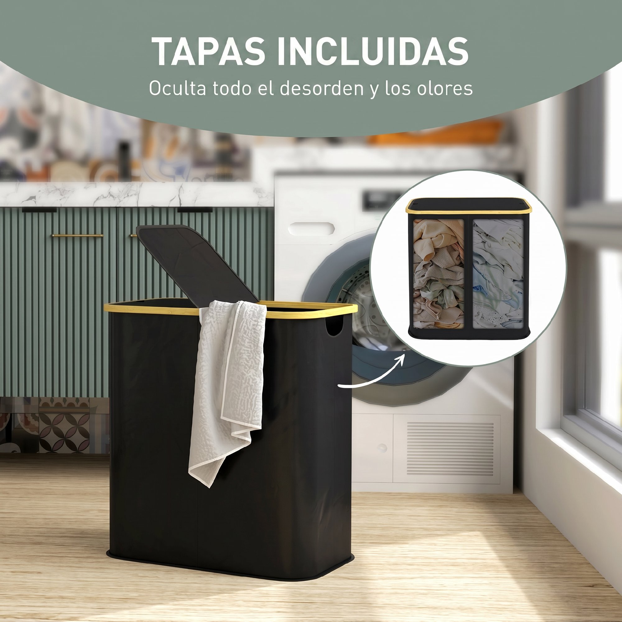 Cesto de Ropa Sucia con Tapa, 80L, Cesta de Ropa Sucia Plegable de Tela no Tejida, Marco de Bambú, con 2 Compartimentos, Asas de Ranura, para Lavandería, 54x34x58,5 cm, Negro
