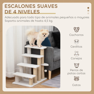Escalera para Gatos de 4 Niveles, Escalera para Mascotas, Cubierto de Suave Felpa, Poste de Yute, Bola Colgante, Árbol Rascador para Gatos, 60x40x64 cm, Blanco