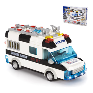 Furgone di polizia SWAT con luci ed effetti sonori. Da costruire, 77 pezzi. Funzionamento ad inerzia inversa.