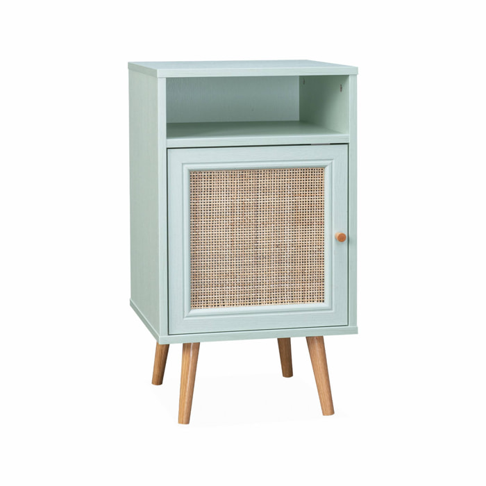 Table de chevet en cannage - Bohème - 40x39x70cm coloris vert céladon - 2 niveaux - 1 porte - 1 espace de rangement - pieds scandinaves