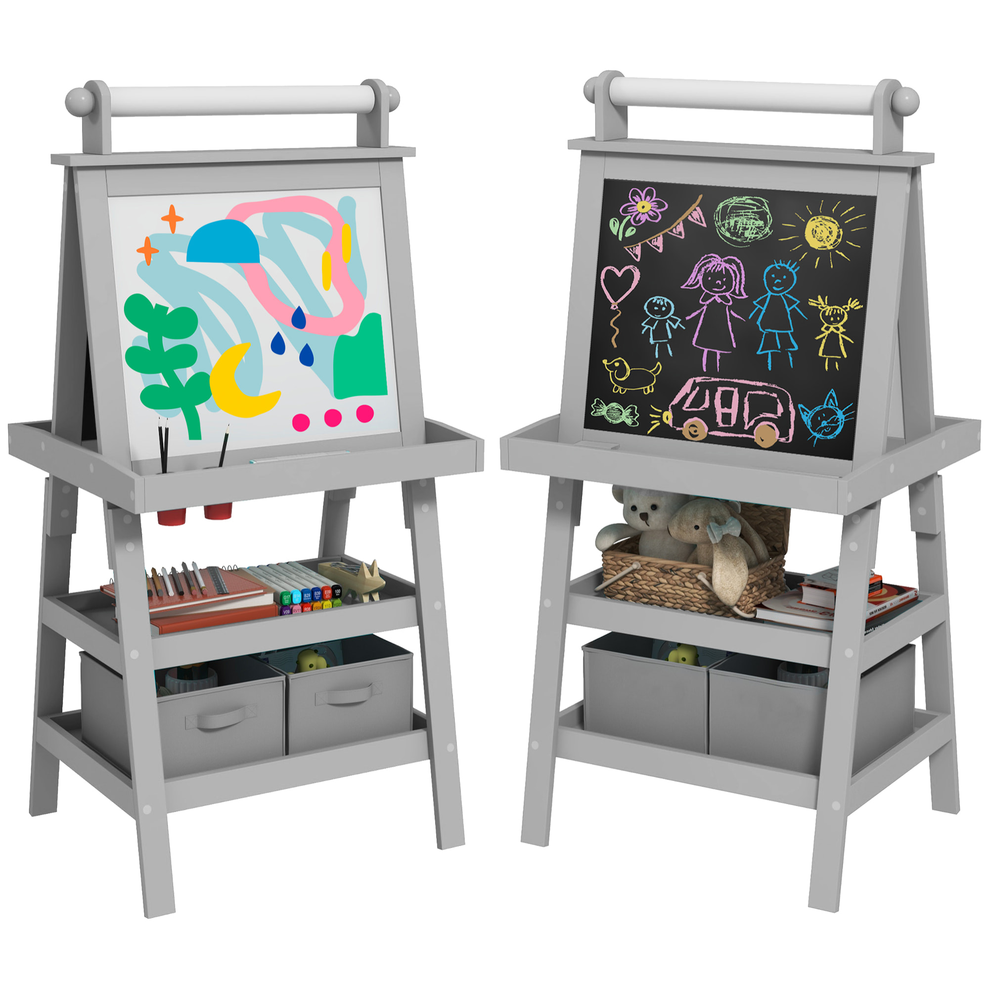 Tableau chevalet enfant 3 en 1 tableau double face enfant avec tableau blanc magnétique tableau à craie rangements bois gris
