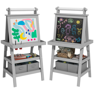 Tableau chevalet enfant 3 en 1 tableau double face enfant avec tableau blanc magnétique tableau à craie rangements bois gris