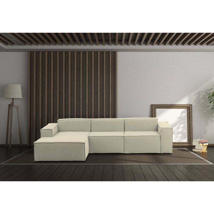 Divano fisso Jessica, Divano componibile a 3 posti con penisola sinistra, 100% Made in Italy, Sofà moderno in tessuto, Cm 300x170h70, Beige