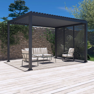 Pergola bioclimatique Triomphe 3x4 + 3 persiennes 100cm pour le côté de 3m. panneau brise vue. L 400 x P 300 x H 250 cm