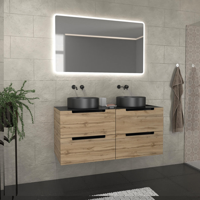 Meuble salle de bains 120cm Chene et noir, Vasques rondes Diam 36cm et Miroir Led 120x70 - OMEGA