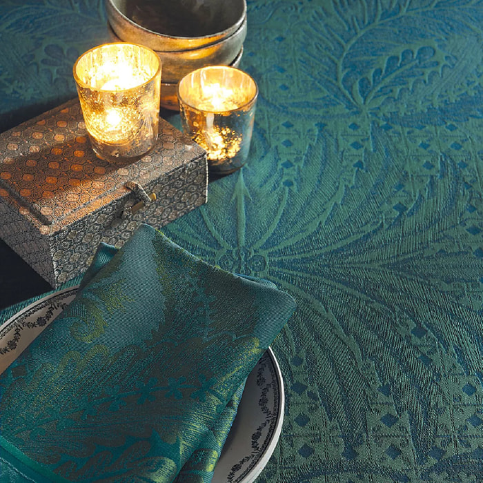 Chemin de table pur coton anti tache motif jacquard Isaphire emeraude