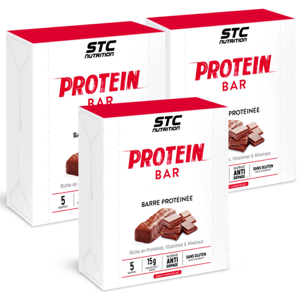 STC Nutrition - Protein Bar Chocolat - 15 g de Protéines par Barre + Vitamines & Minéraux - En-Cas Protéiné - Lot de 3 Étuis de 5 Barres x 45 g