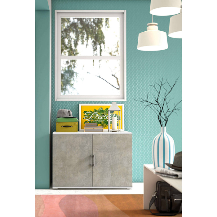 Armadio multiuso Serafinito, Mobile lineare a 2 Ante battenti con ripiano, Mobile da ingresso, Scarpiera moderna, 100% Made in Italy, 90x45h66 cm, Cemento e Bianco