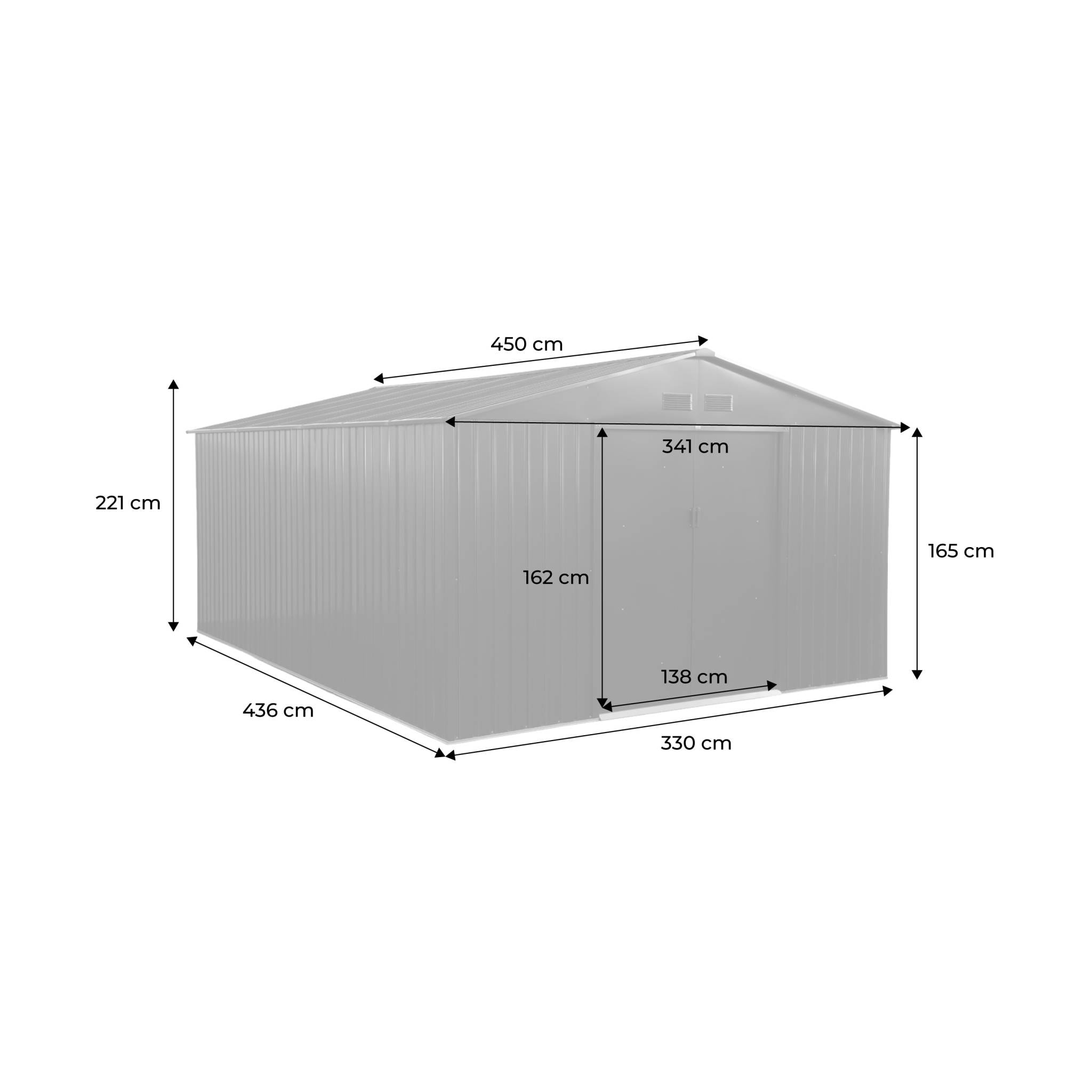 Abri de jardin acier galvanisé 15,35m² avec kit d'ancrage VIROLOIX