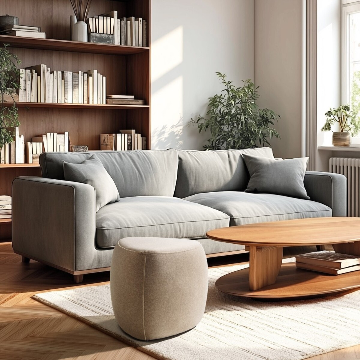 LEOPOLD - Pouf forme galet n°1 en tissu effet velours beige foncé