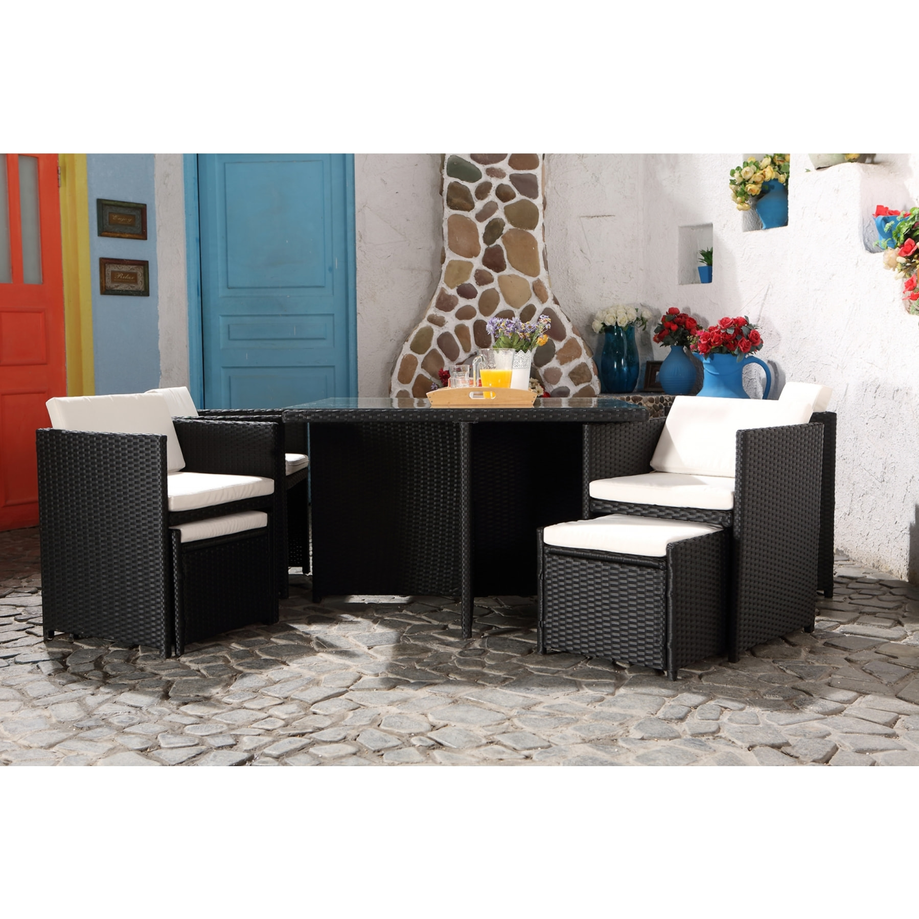 Salon de jardin 8 places noir-blanc + housse de protection REGINA