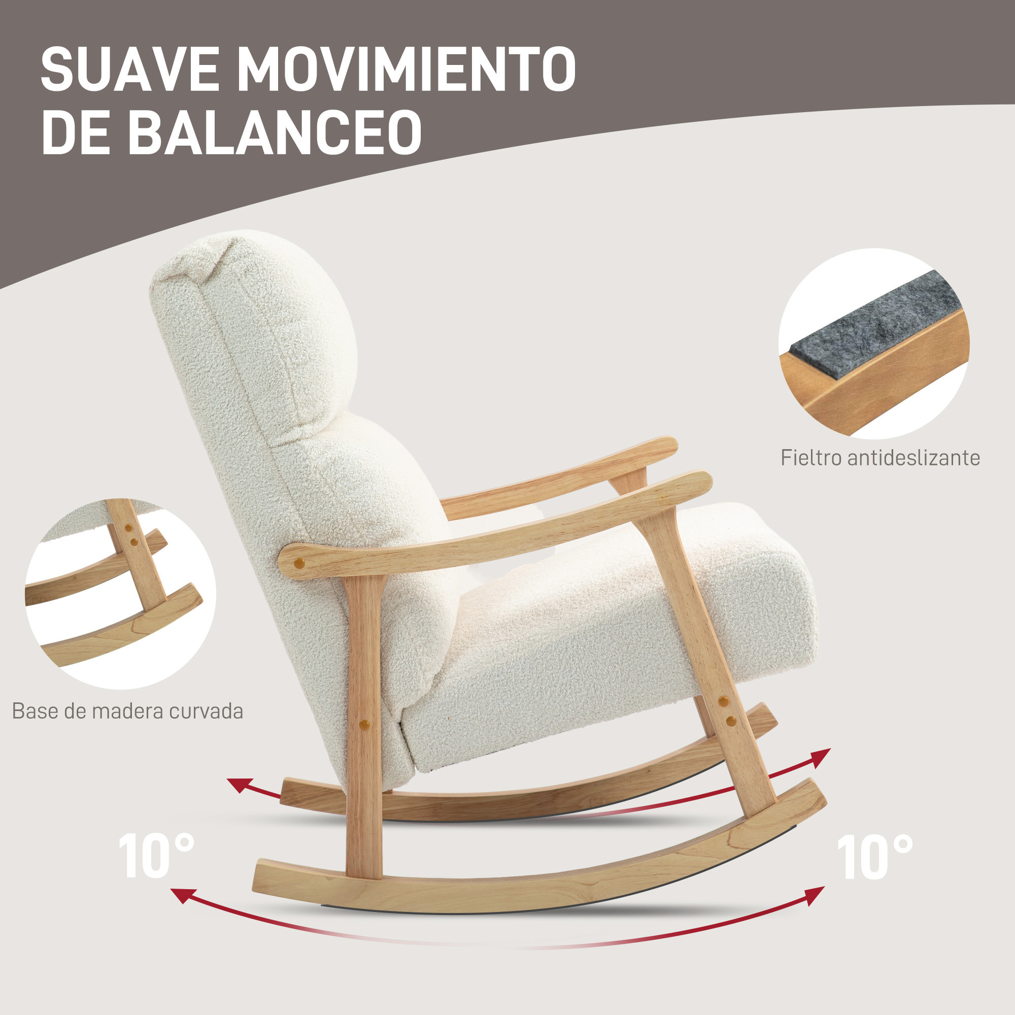 Mecedora de Borreguito Moderna Silla Mecedora con Patas y Reposabrazos de Madera de Haya Respaldo Alto Mecedora para Lactancia Carga 120 kg para Dormitorio Salón Crema