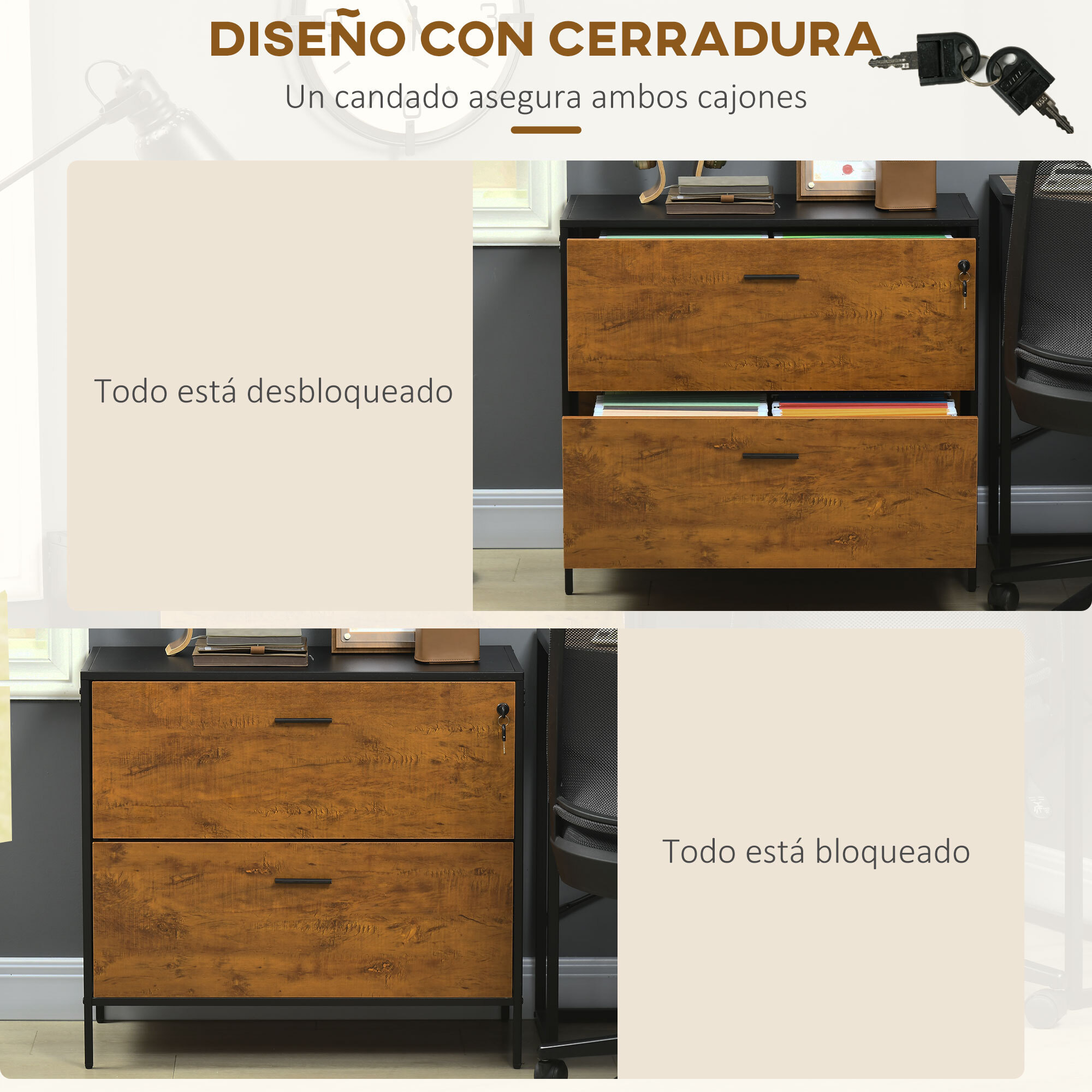 Cajonera de Oficina Industrial con 2 Cajones Cajonera para Archivadores con Cerradura y Carpetas Colgantes para Tamaño A4 80x39x73,5 cm Marrón