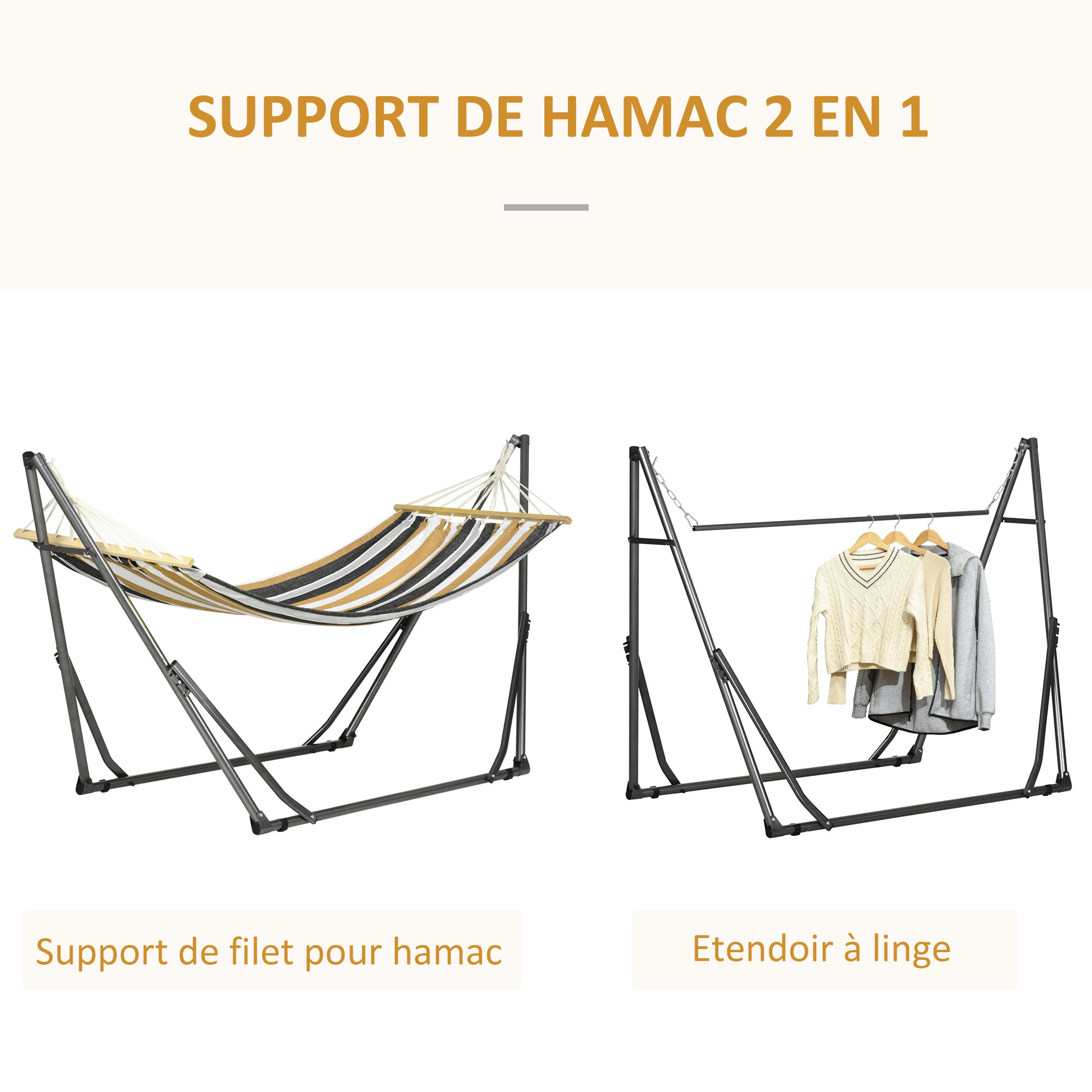 Hamac de jardin pliable avec support acier époxy et toile coton lin marron noir gris blanc