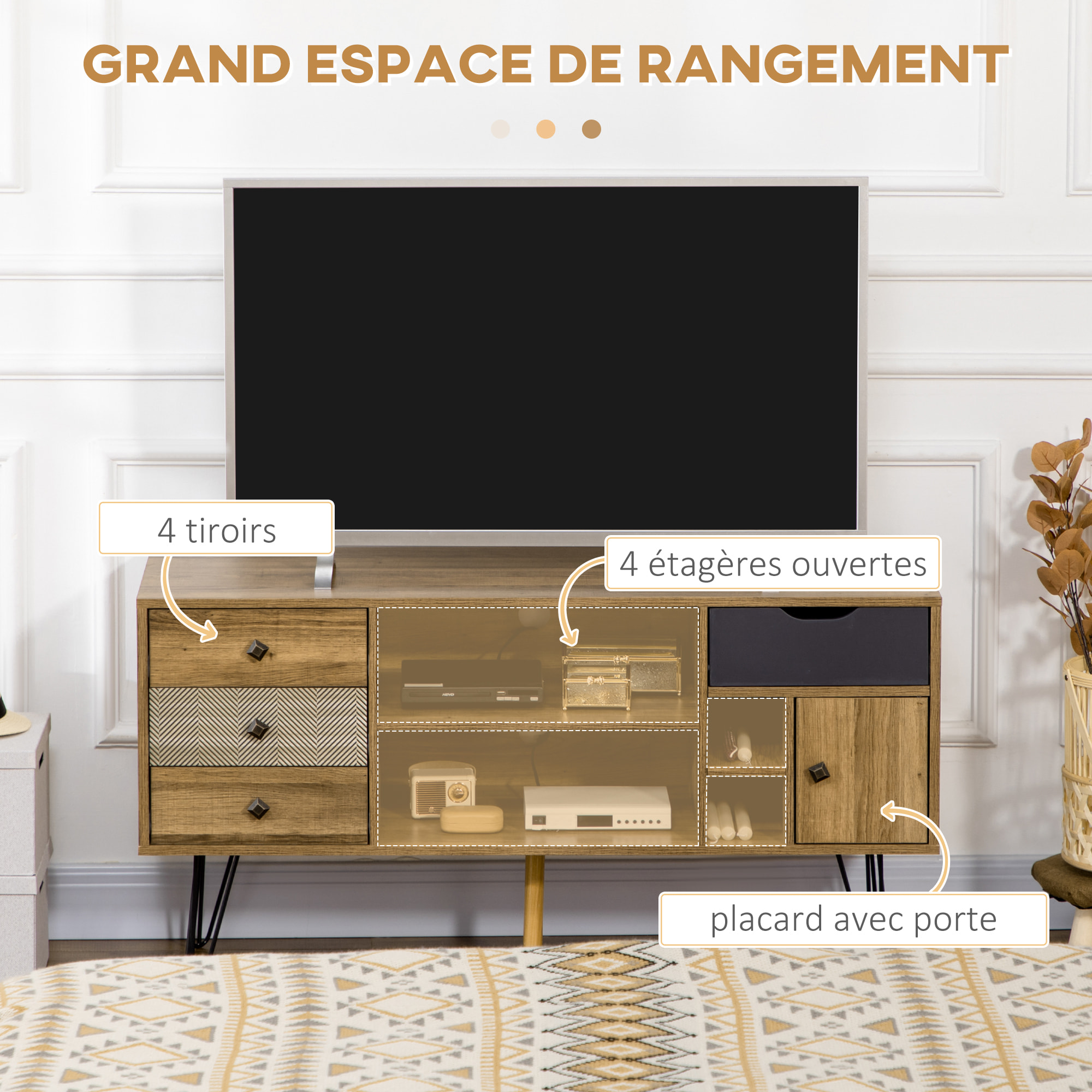 Meuble TV banc TV design industriel graphique - 4 tiroirs, 4 niches, porte - piètement épingle métal noir aspect bois