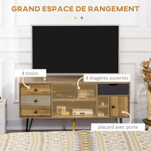 Meuble TV banc TV design industriel graphique - 4 tiroirs, 4 niches, porte - piètement épingle métal noir aspect bois