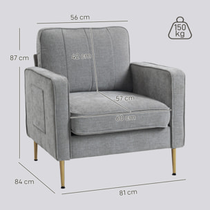 Fauteuil style art déco piètement métal doré tissu gris clair