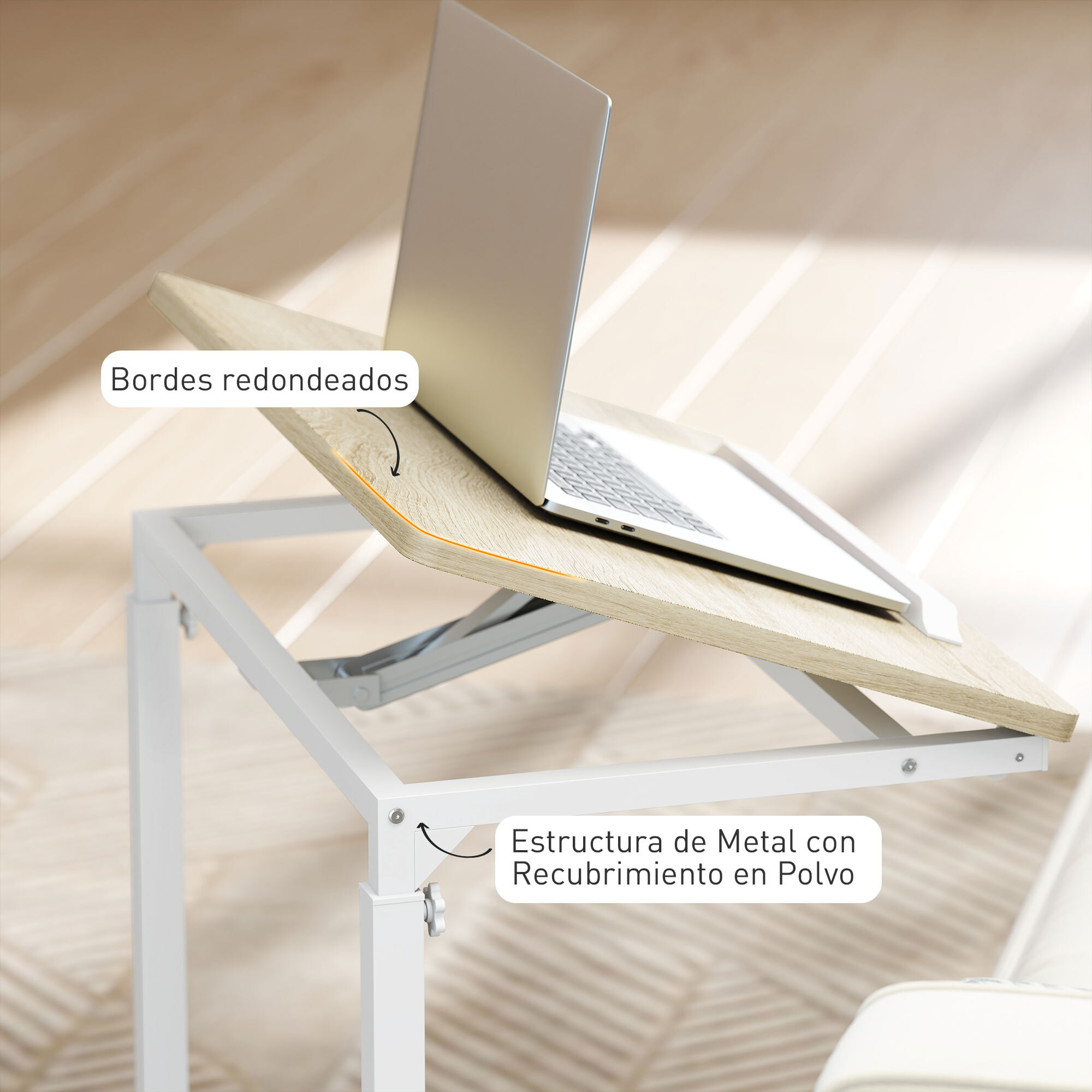 Mesa Auxiliar con Ruedas Mesa para Sofá con Altura Ajustable Superficie Inclinable y Marco de Metal para Dormitorio Salón Oficina 55x36x62,5-82,5 cm Roble