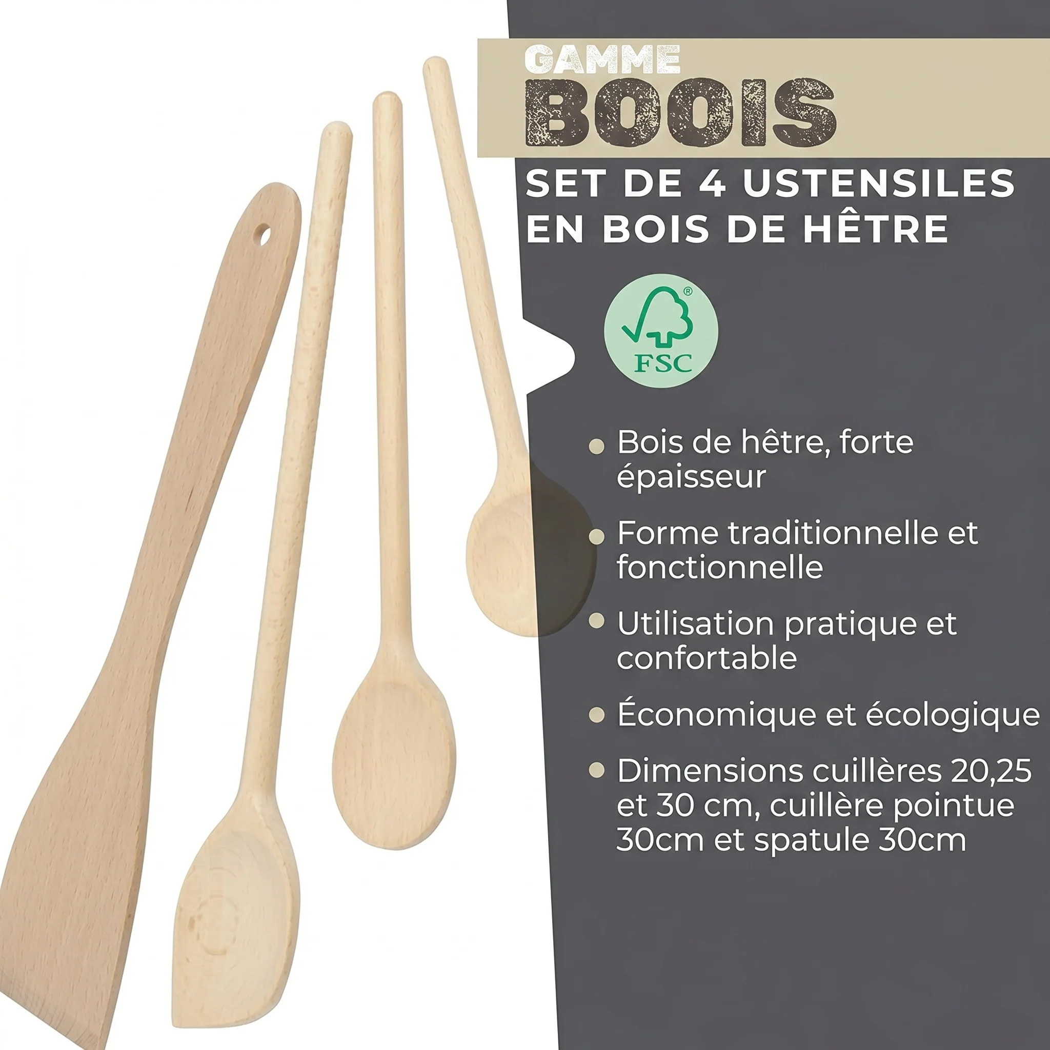 Set de 4 ustensiles de cuisine en bois FSC Fackelmann Nature