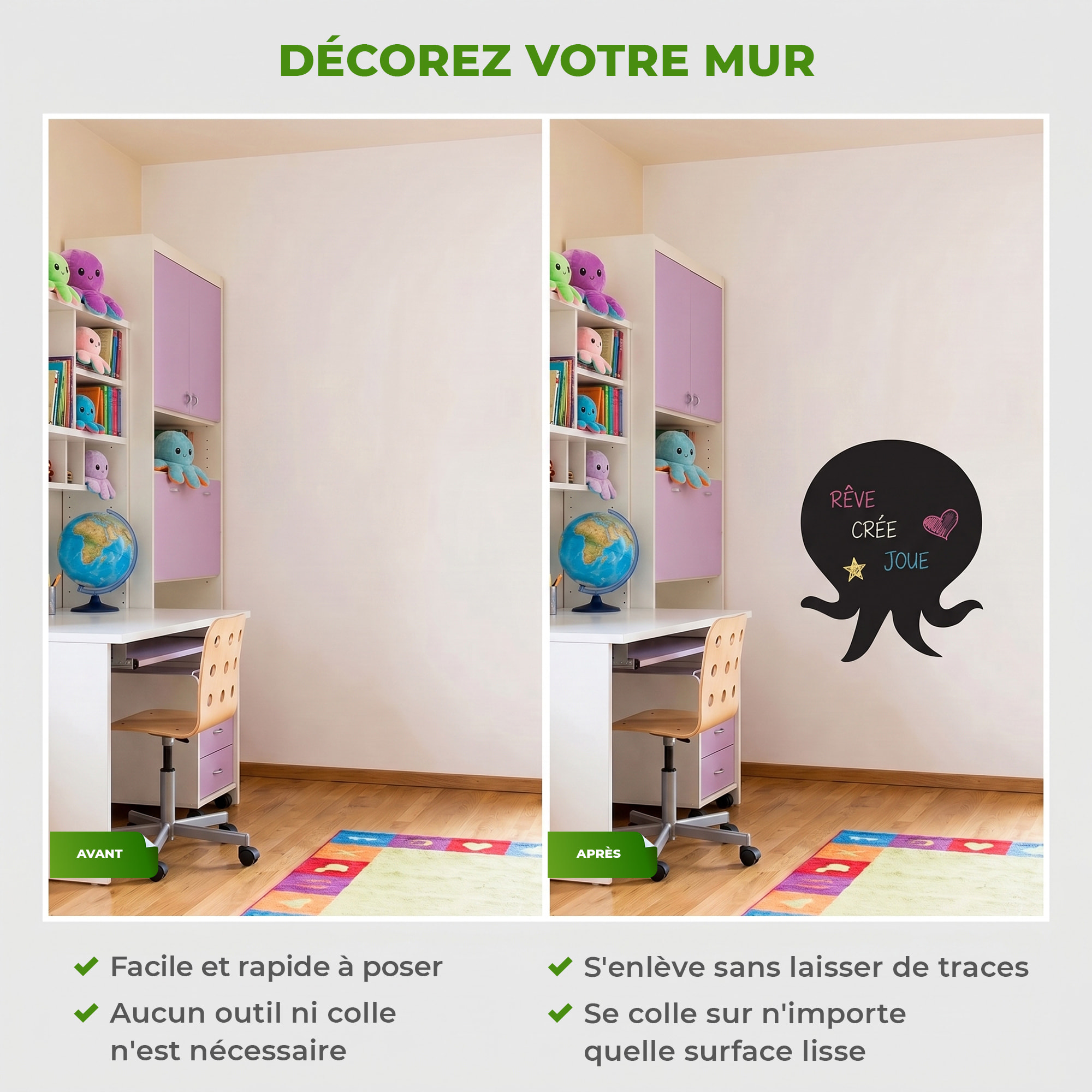 Sticker ardoise tableau noir - stickers muraux adhésif effaçable - SILHOUETTE PIEUVRE