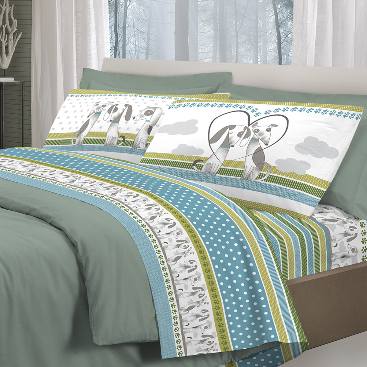 Completo letto baubau verde 100% cotone