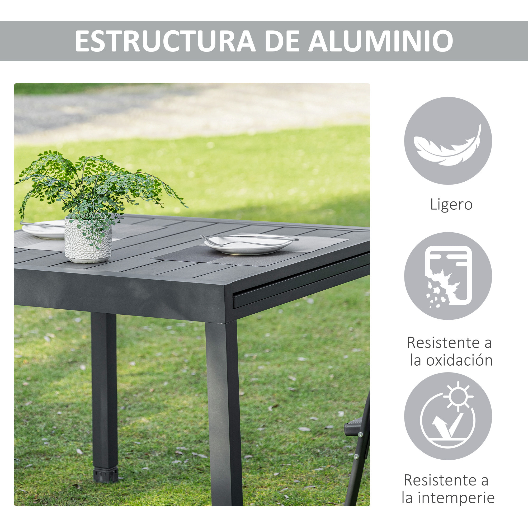 Mesa de Jardín Extensible de Aluminio para 4-6 Personas de Patio 90-180x90x73cm