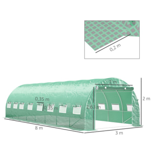 Serre tunnel 24m² dim. 8L x 3l x 2H m - 16 fenêtres, porte zippée - acier galvanisé PE haute densité vert