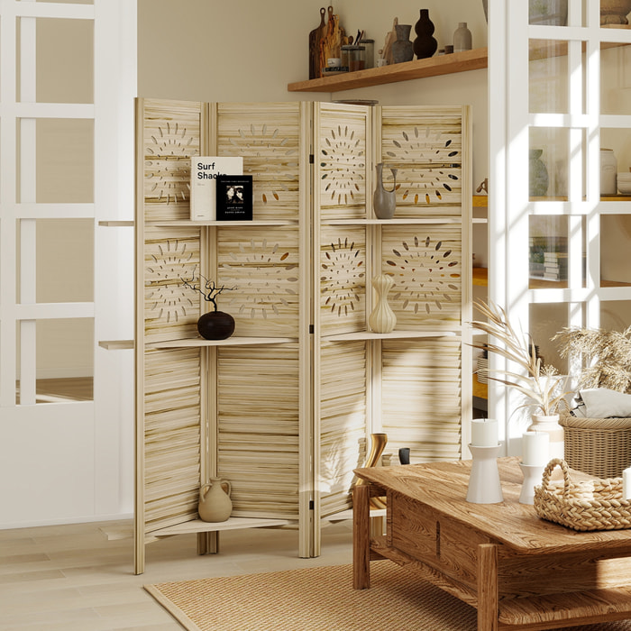 Paravent intérieur bois naturel 4 panneaux 3 étagères séparateur de pièce pliable 160 x 170 cm