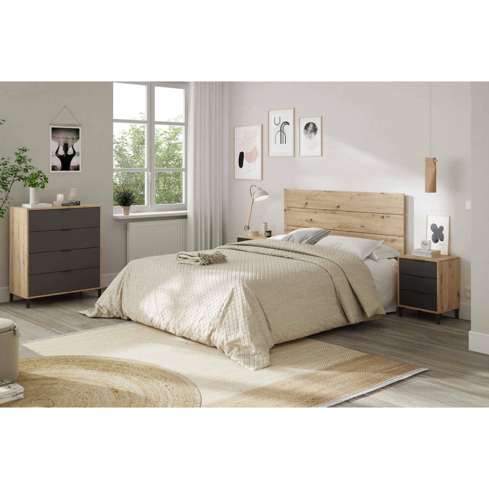 Comodino Allan, Set camera da letto, Testiera letto e 2 Comodini a 3 cassetti, 160x2 cm, Rovere effetto nodi e Antracite