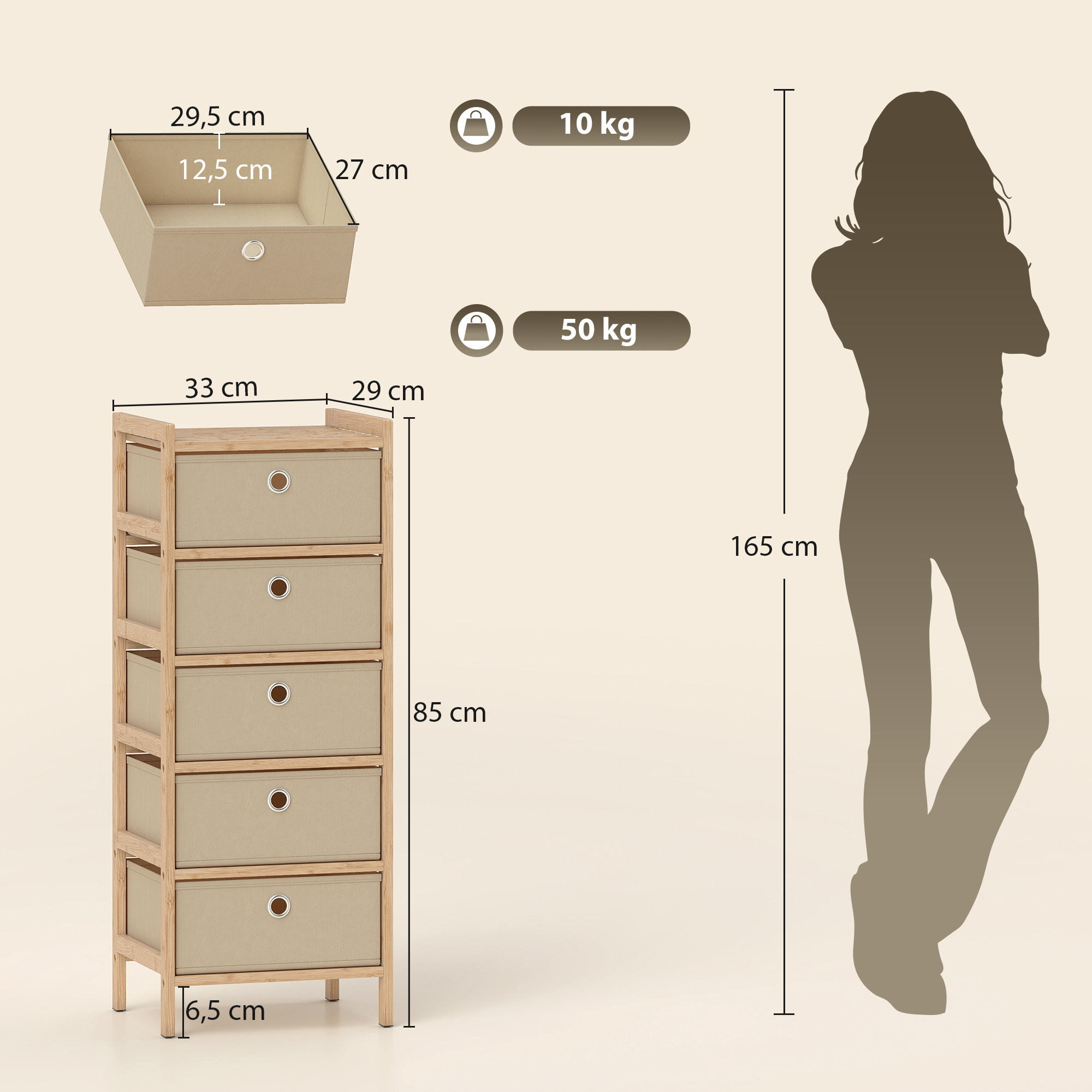 Cómoda con 5 Cajones de Tela, Cómoda para Dormitorio de Bambú, Cajonera para Espacios Pequeños, Salón, Oficina, Vestidor, Crema y Natural