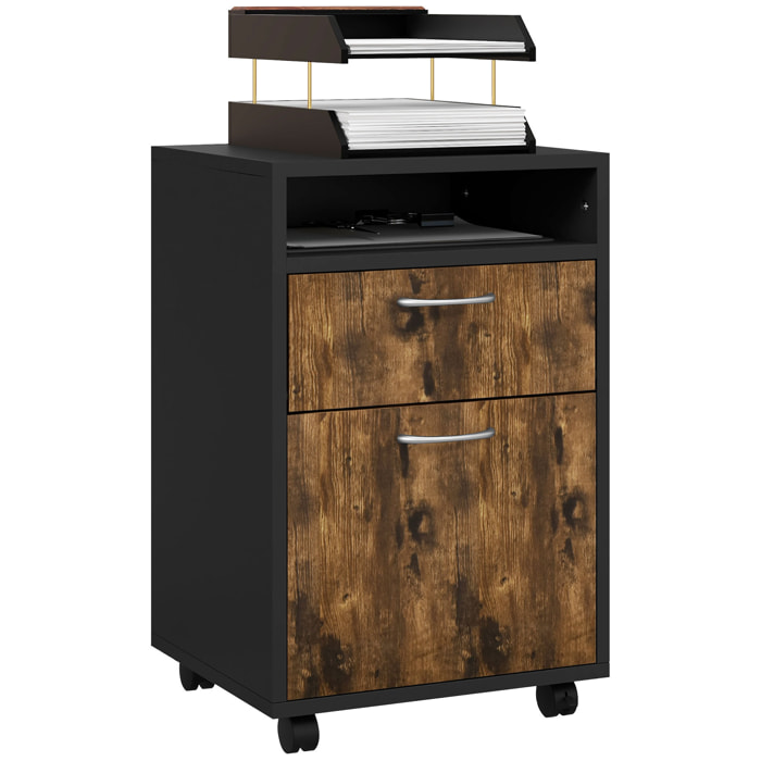 Caisson de bureau rangement bureau sur roulettes tiroir placard niche panneaux particules brun rustique