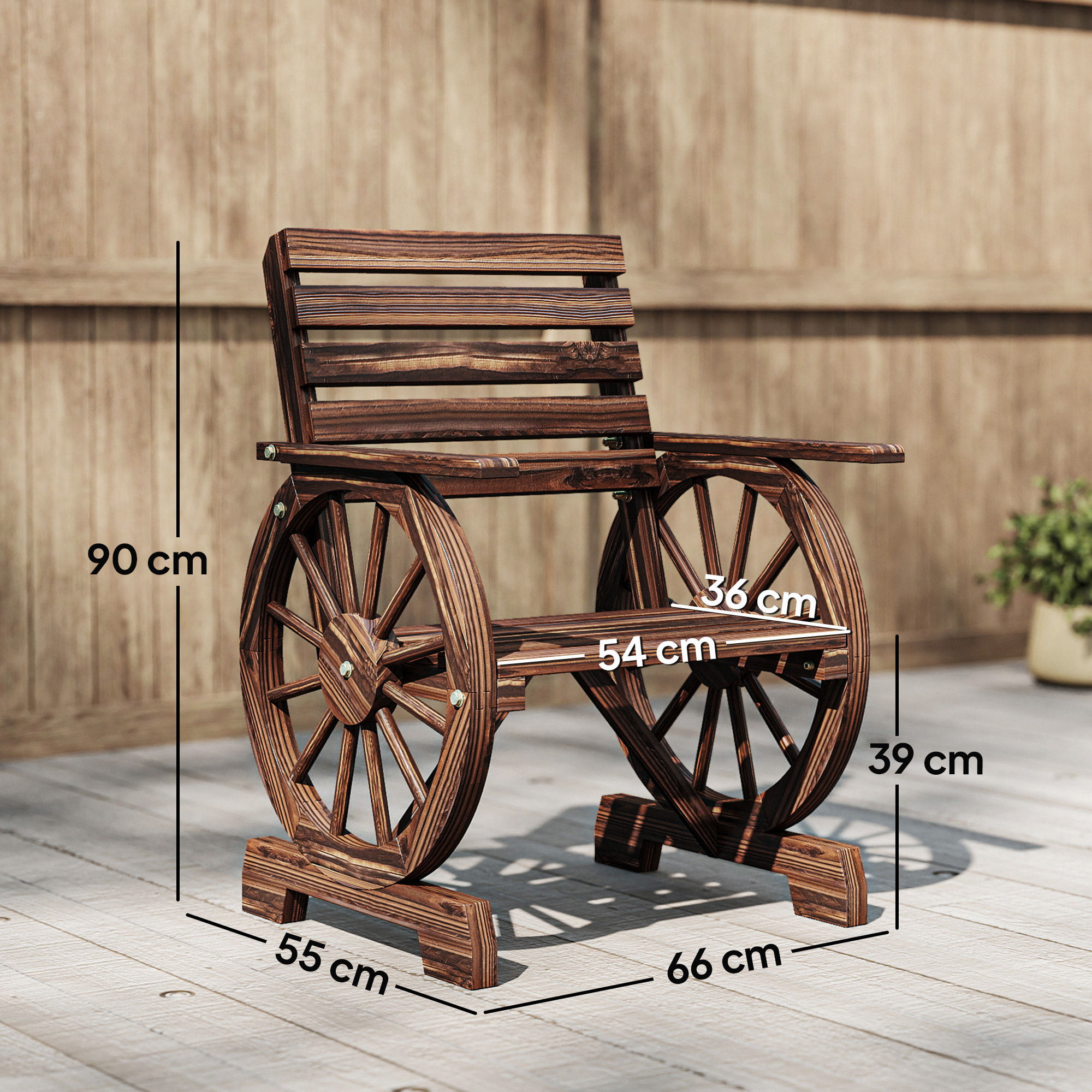 Silla de Jardín de Madera de 2 Plazas, Silla Asiento con Brazos de Rueda de Vagón, Respaldo Inclinado, Estilo Rústico, Carga 120 kg, para Patio, Terraza, Parque, 66x55x90 cm, Carbonizado