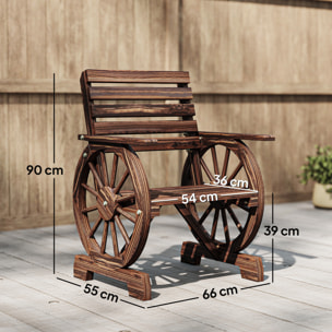 Silla de Jardín de Madera de 2 Plazas, Silla Asiento con Brazos de Rueda de Vagón, Respaldo Inclinado, Estilo Rústico, Carga 120 kg, para Patio, Terraza, Parque, 66x55x90 cm, Carbonizado