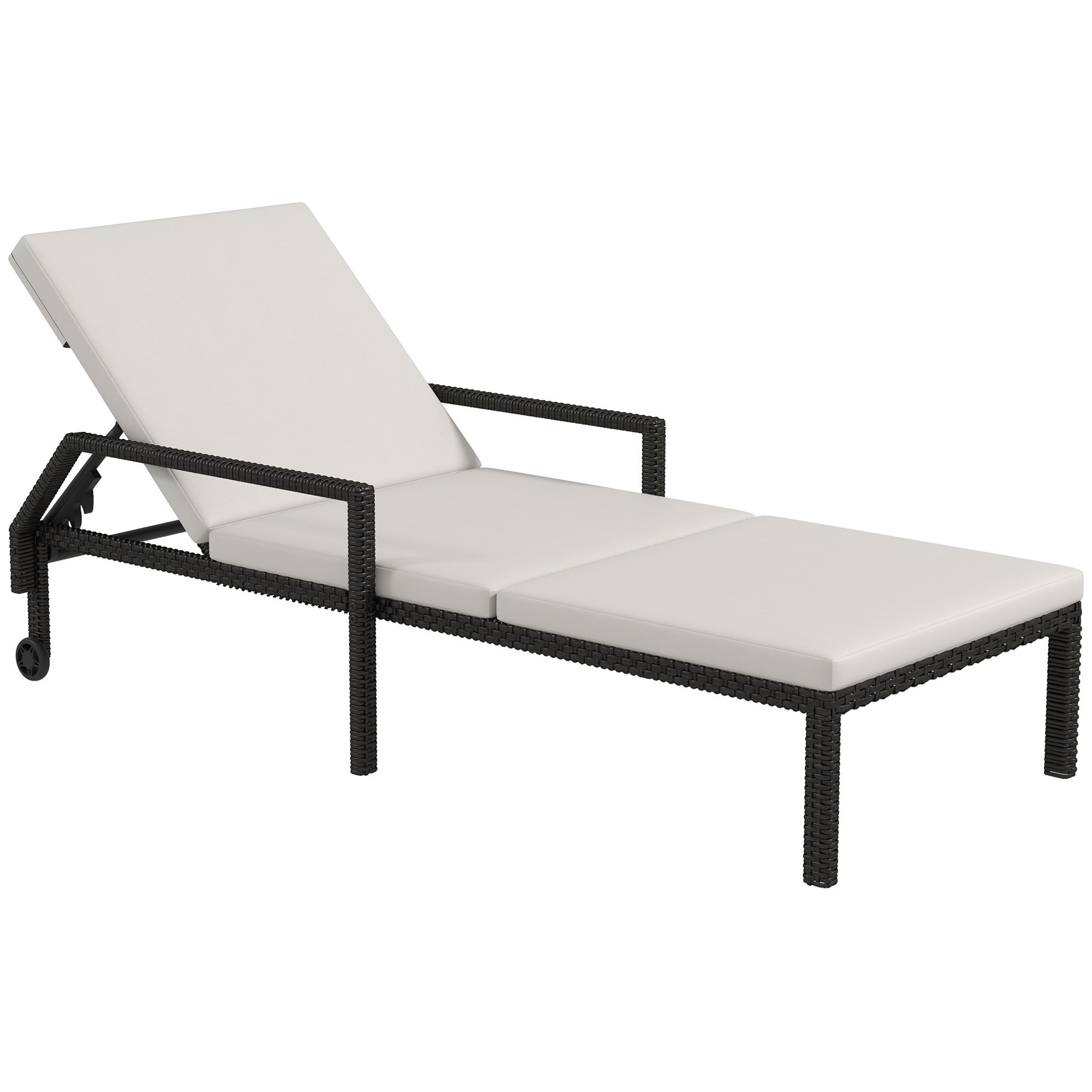 Tumbona de Ratán Chaise Longue de Jardín con Respaldo Ajustable en 5 Posiciones Cojín Acolchado y 2 Ruedas Carga 120 kg 73x200x48 cm Crema y Negro