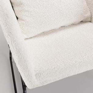 AGATHE - Fauteuil tissu bouclette blanc pieds évasés métal noir